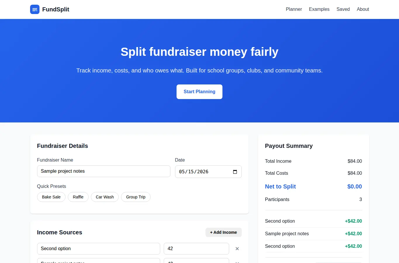 Screenshot of FundSplit: Small Group Fundraiser Payout Planner interface showing the project page in use